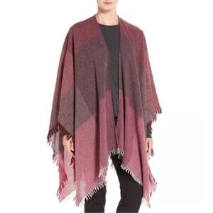 Eileen Fisher Serape Purple Plaid Wool Blend Fringe Kimono Shawl Sz One Size